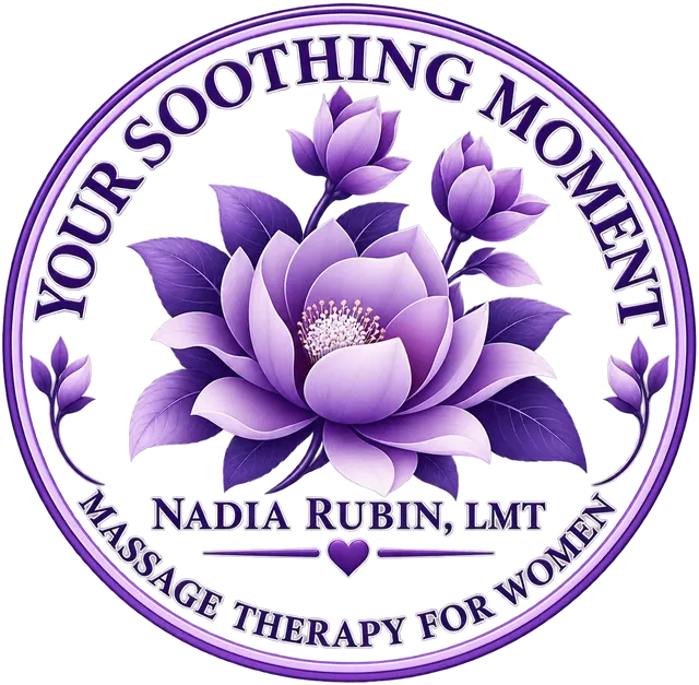 Your Soothing Moment seal: a lotus flower ringed with the words Your Soothing Moment, Nadia Rubin, LMT, Massage Therapy for Women
